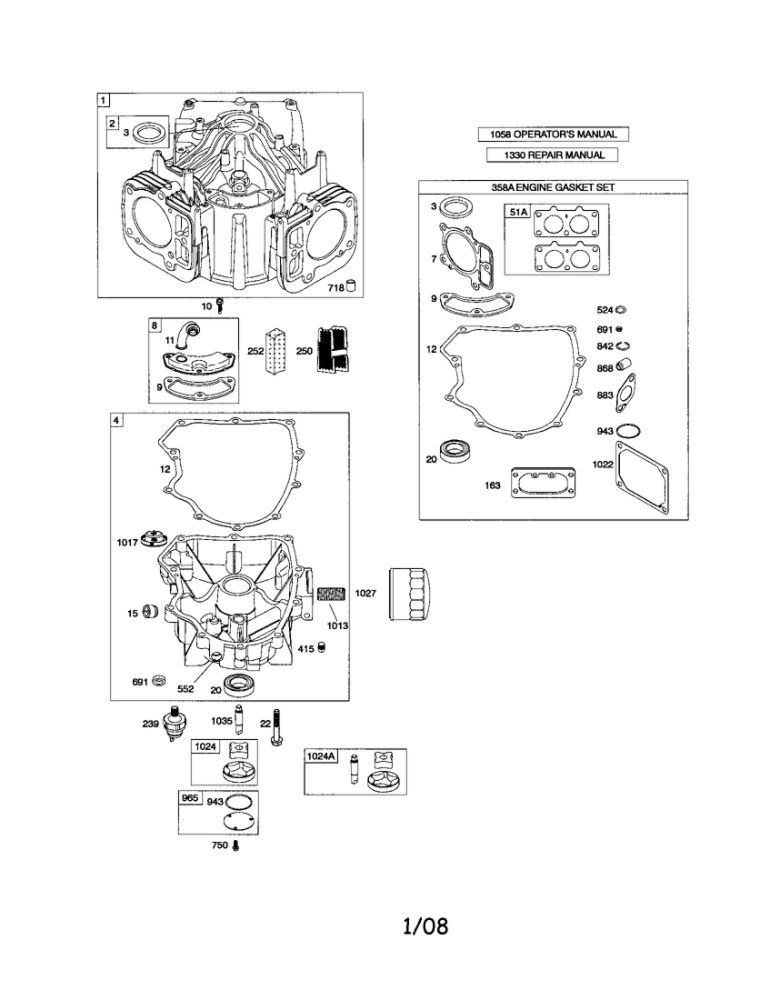 Cylinder/Sump Diagram and Parts List for 44P700 0016-0884 Briggs and Stratton Engine